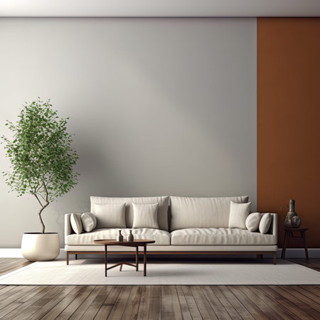 interior with sofa and plant, 3d render illustration mock up