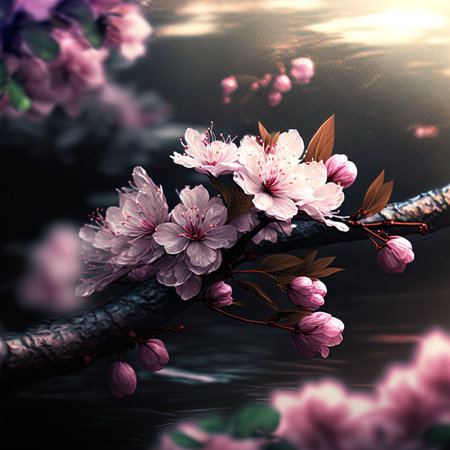 Beautiful cherry blossom tree branch with pink flowers on dark backgroundの写真素材
