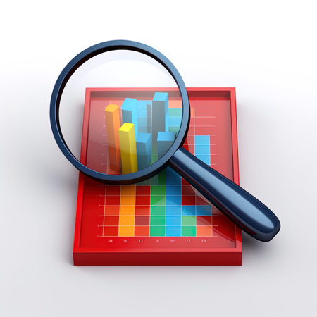 3d illustration of magnifying glass over red box with bar chartの写真素材