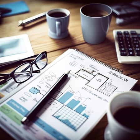 Businessman analyzing investment charts with calculator and coffee on table. Accounting