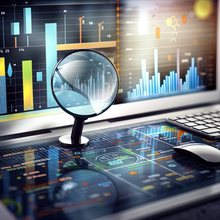 Magnifying glass on laptop with financial charts and graphs. 3d rendering