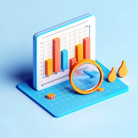 3d isometric illustration of graph, chart and magnifying glassの写真素材