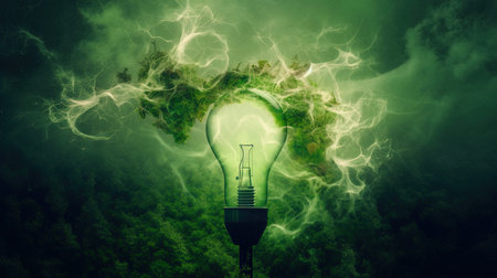 Green energy concept. Light bulb on green background. 3D renderingの写真素材