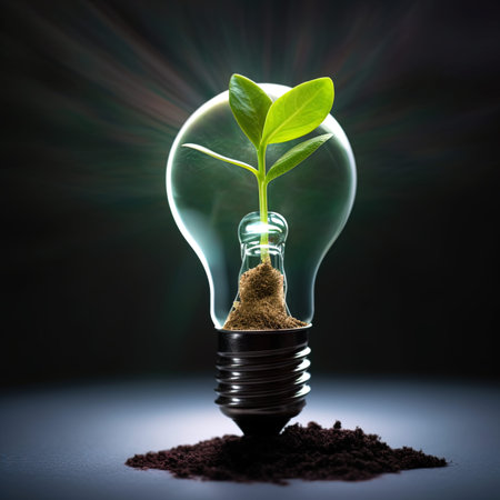 Glowing light bulb with green plant inside, concept of green energyの写真素材