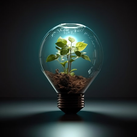 Glass light bulb with green sprout inside on dark background. Ecology concept