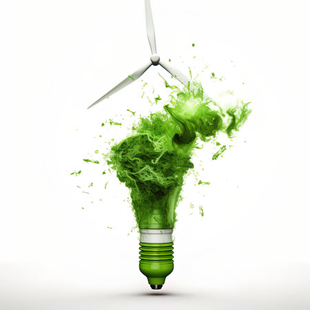 Green energy lightbulb with wind turbine and green smoke on white background