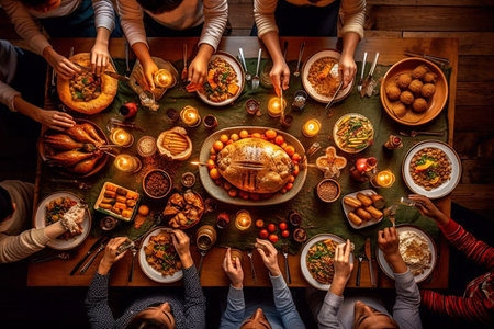 Top view of group of friends having dinner together while sitting at wooden tableの写真素材