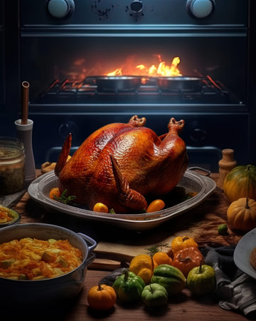 Whole roasted turkey on a wooden table in front of the ovenの写真素材