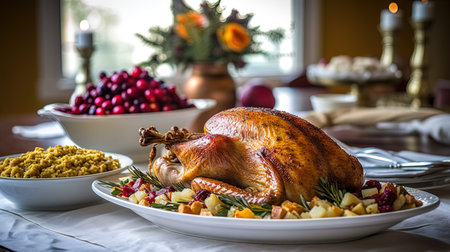 Thanksgiving turkey garnished with cranberries, apples, oranges and spicesの写真素材