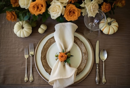 Festive table setting for Thanksgiving dinner. Festive table setting with yellow and orange roses...