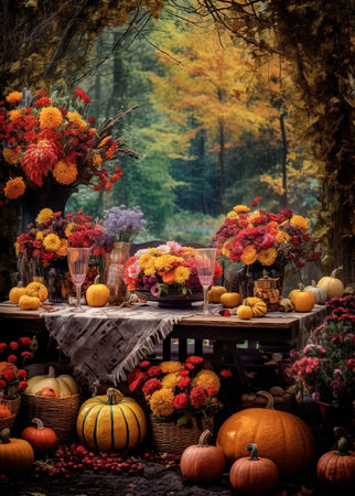 Autumn still life with pumpkins, flowers, berries and applesの写真素材