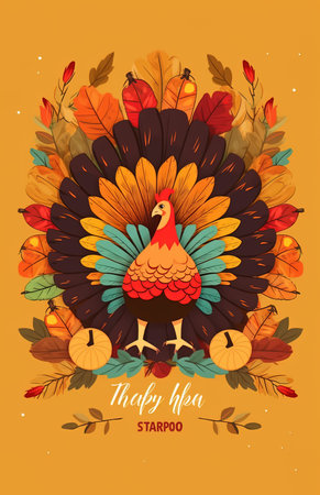 Thanksgiving card with turkey and autumn leaves. Vector Illustration.