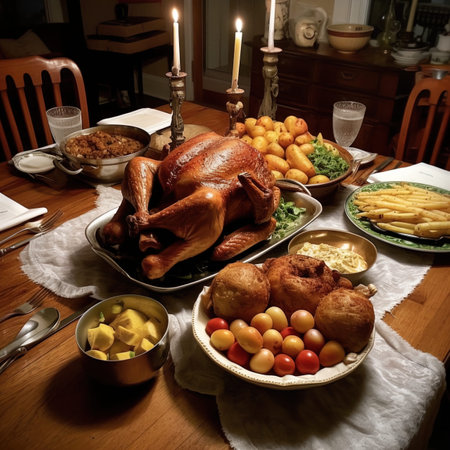 Thanksgiving dinner with turkey, potatoes and vegetables on wooden table.の写真素材
