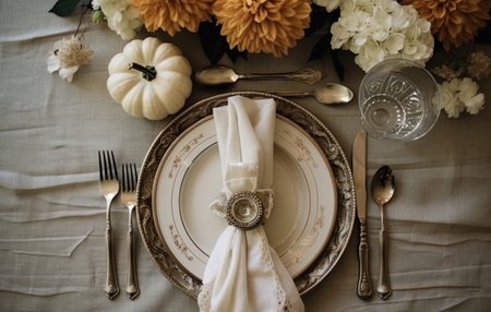 Vintage table setting with pumpkins and golden cutlery.