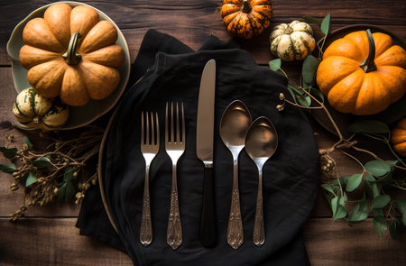 Autumn table setting with pumpkins and vintage cutlery on wooden backgroundの写真素材