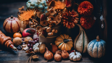 Autumn still life with pumpkins and flowers on rustic wooden backgroundの写真素材