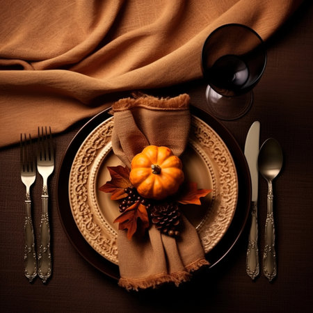Autumn table setting with pumpkins, napkin and cutleryの写真素材