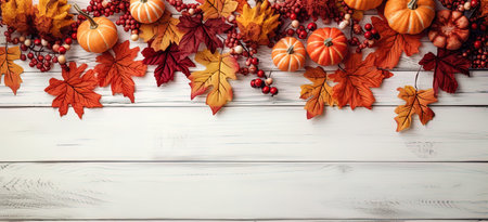 Autumn background with pumpkins, leaves and berries on white wooden table