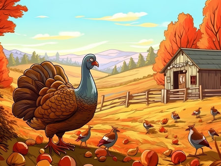 Cartoon scene with turkey on the farm - illustration for children.の写真素材
