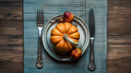 Thanksgiving day table setting with pumpkins and autumn decorations on wooden backgroundの写真素材