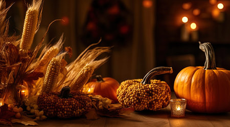 Autumn still life with pumpkins, corn and candles on wooden tableの写真素材