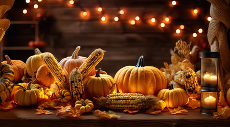 Autumn still life with pumpkins, candles and corn on wooden backgroundの写真素材