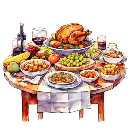 Thanksgiving dinner with turkey, vegetables and fruits. Watercolor hand drawn illustrationの写真素材
