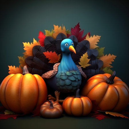 Thanksgiving turkey and pumpkins with fall leaves, 3d renderの写真素材