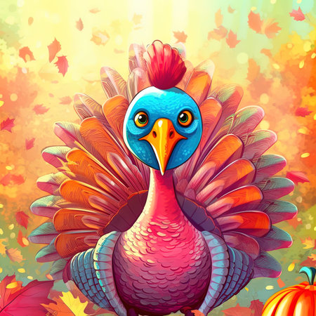 Cartoon turkey with autumn leaves on abstract background. Vector illustration.の写真素材
