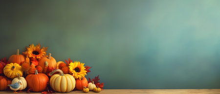 Autumn background with pumpkins, sunflowers and blue bird