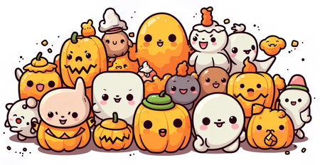 Vector Illustration of Cute Cartoon Halloween Pumpkin Characters with Different Mascotsの写真素材