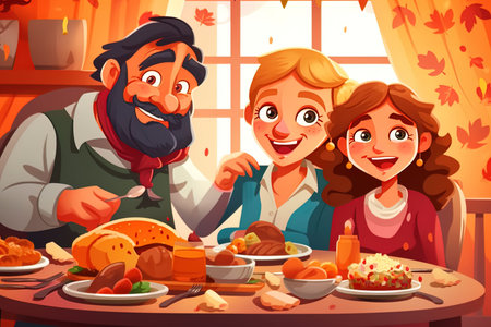 Happy family at Thanksgiving dinner. Cartoon illustration of happy family at Thanksgiving dinner vector illustrationの写真素材