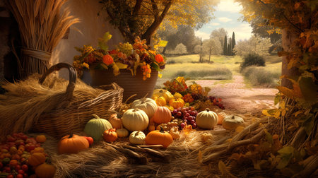 Autumn still life with pumpkins, apples, grapes and other vegetables