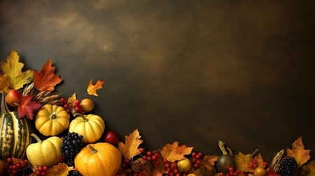 Autumn background with pumpkins, berries and leaves on a dark background