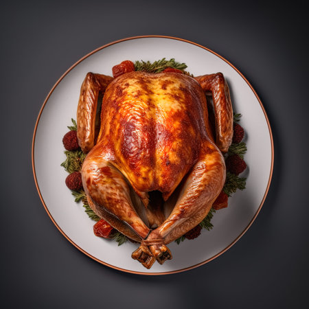 Whole roasted turkey on a plate on a dark background, top viewの写真素材