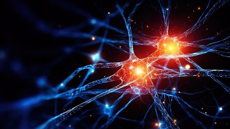 3D rendering of neuron cell and neurons in connection on black backgroundの写真素材