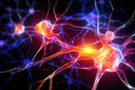 3d illustration of neuron cell with neurons and nervous system on black backgroundの写真素材