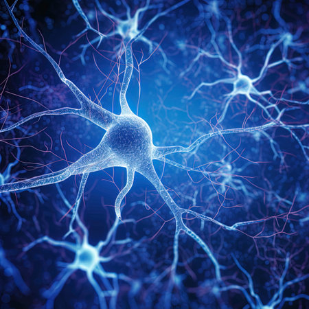 Neuron cell on blue background, 3D illustration. Neuron cell, Neuron cell, Neuron cellの写真素材