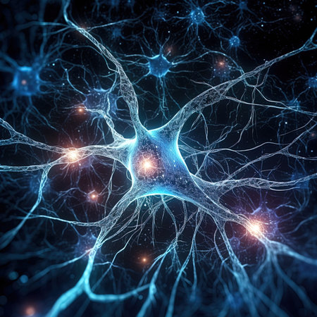 Neuron cell, 3D illustration, computer generated, on dark backgroundの写真素材