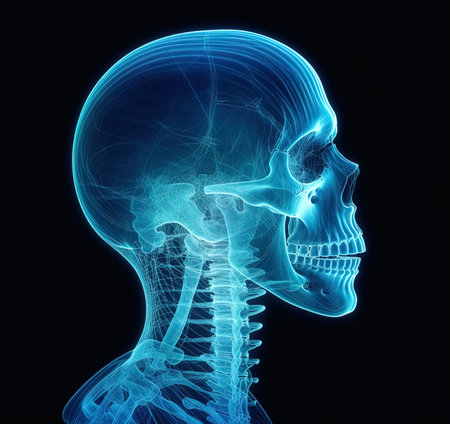 X-ray image of human skull on dark background. 3D illustrationの写真素材