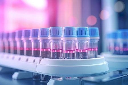 Test tubes with blood samples in the laboratory. 3D rendering.