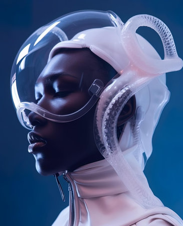 Portrait of a beautiful African American woman in space suit and helmet.