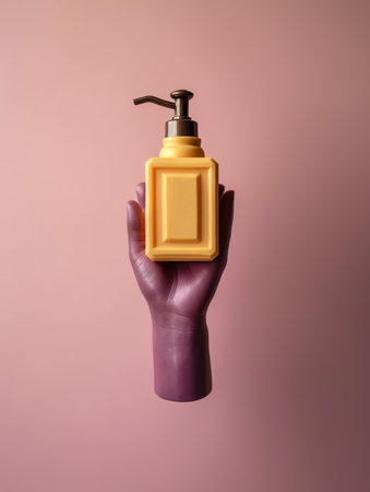 Hand in rubber glove holding a bottle of liquid soap on pink backgroundの写真素材