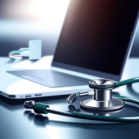 Stethoscope and laptop computer on blue background. 3d render