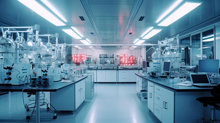 Laboratory interior with equipment and science experiments in the light blue toneの写真素材