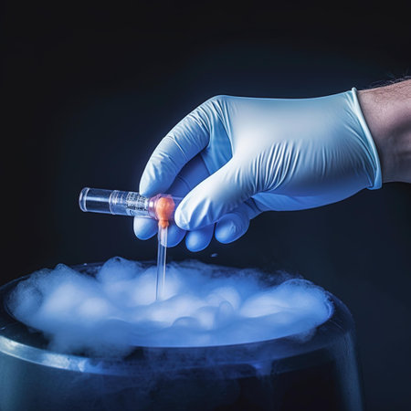 Scientist hand holding a test tube with a blood sample on black backgroundの写真素材