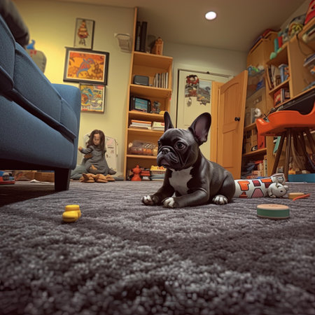 Cute french bulldog sitting on carpet in living room at homeの写真素材
