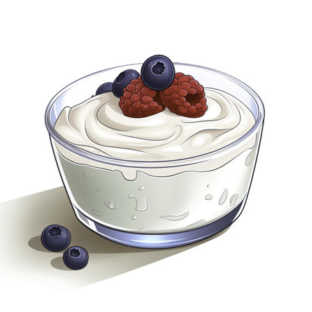 Greek yogurt with fresh berries in a glass bowl. Vector illustration.の写真素材