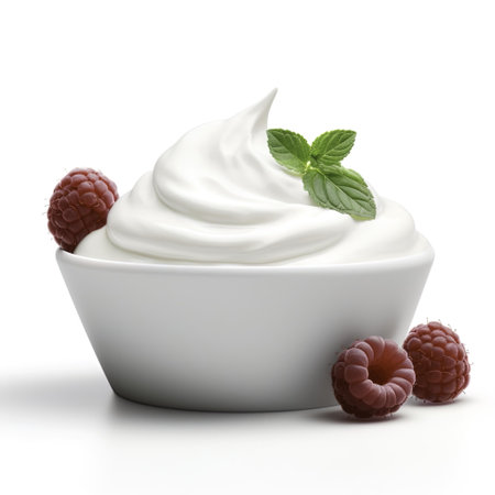 Creamy yogurt in bowl with raspberries and mint leaves isolated on white backgroundの写真素材