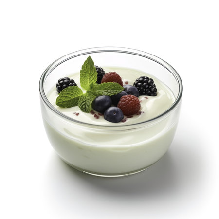Yogurt with fresh berries in glass bowl isolated on white backgroundの写真素材